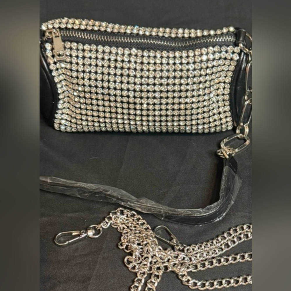 Rhinstone Black Purse With Extra Strap. BNWT Handle In Plastic Still.